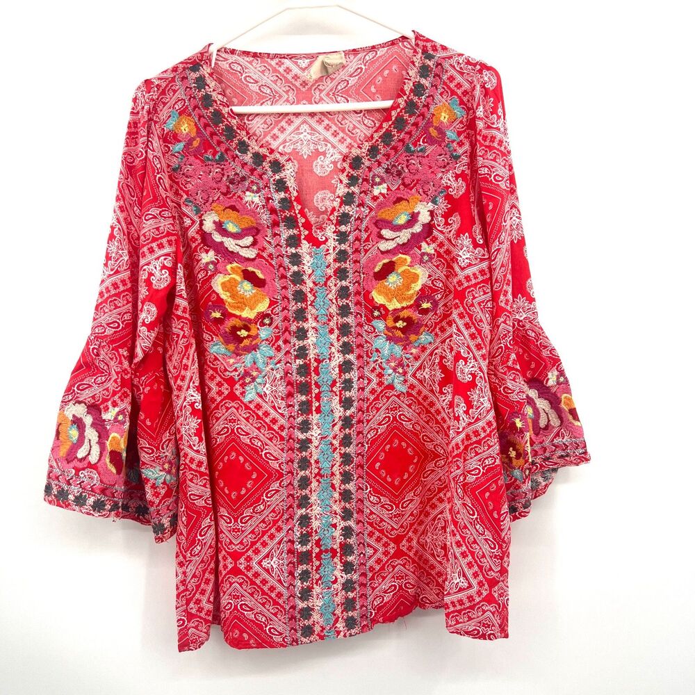 Savanna Jane M Red Bandana Paisley Floral Embroidered Boho Bell Sleeve Top